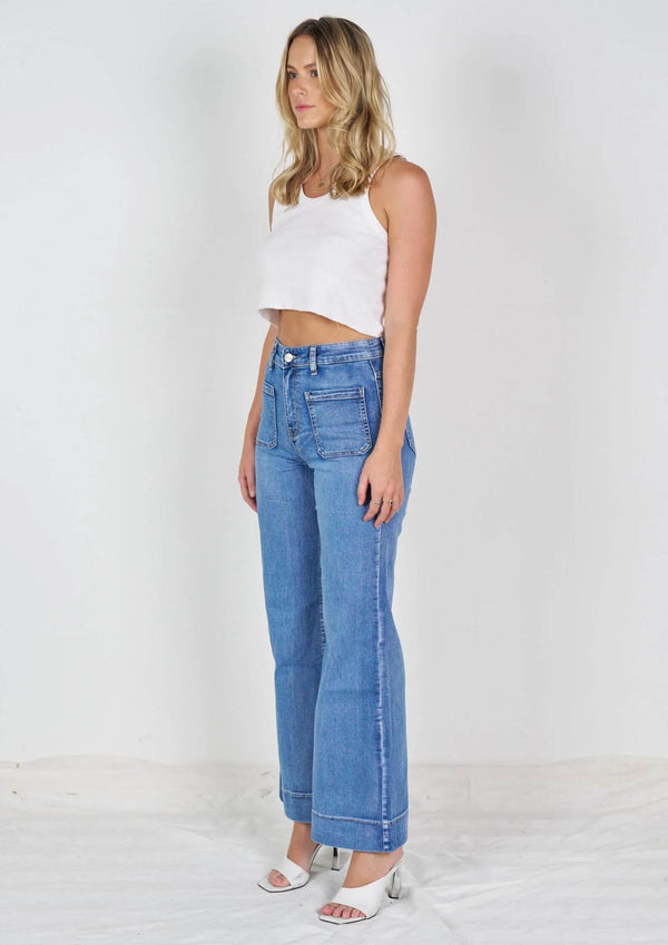 High Waist Wide Leg Stretch Jeans with Front Pockets Light Blue by Wakee