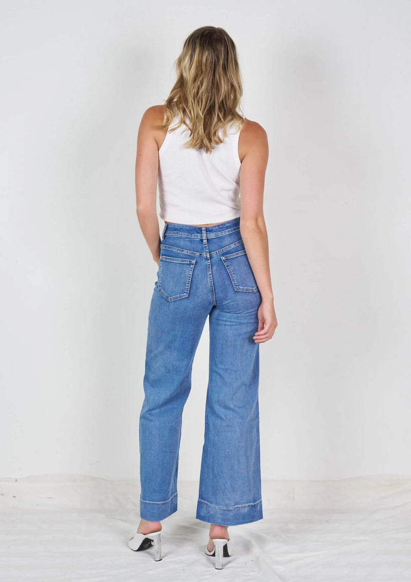 High Waist Wide Leg Stretch Jeans with Front Pockets Light Blue by Wakee