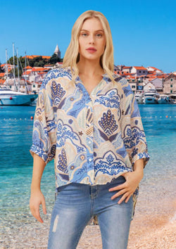 Meredith Half Sleeve Top Blouse in Blues