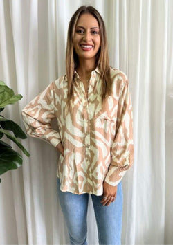 Ikat Long Sleeve Shirt Top in Rose Blush Print