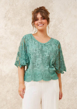 Indya Batwing Cotton Lace Top Blouse in Jade