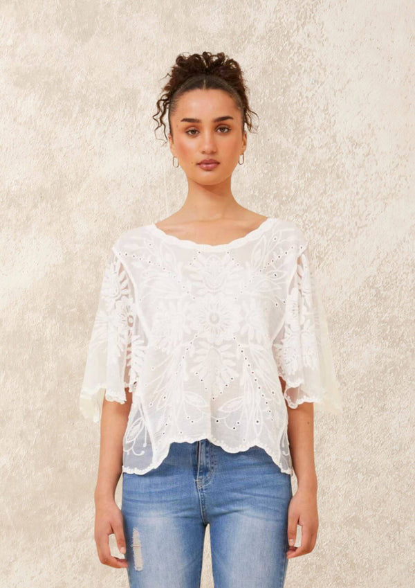 Indya Embroidered Cotton Blouse Top in White