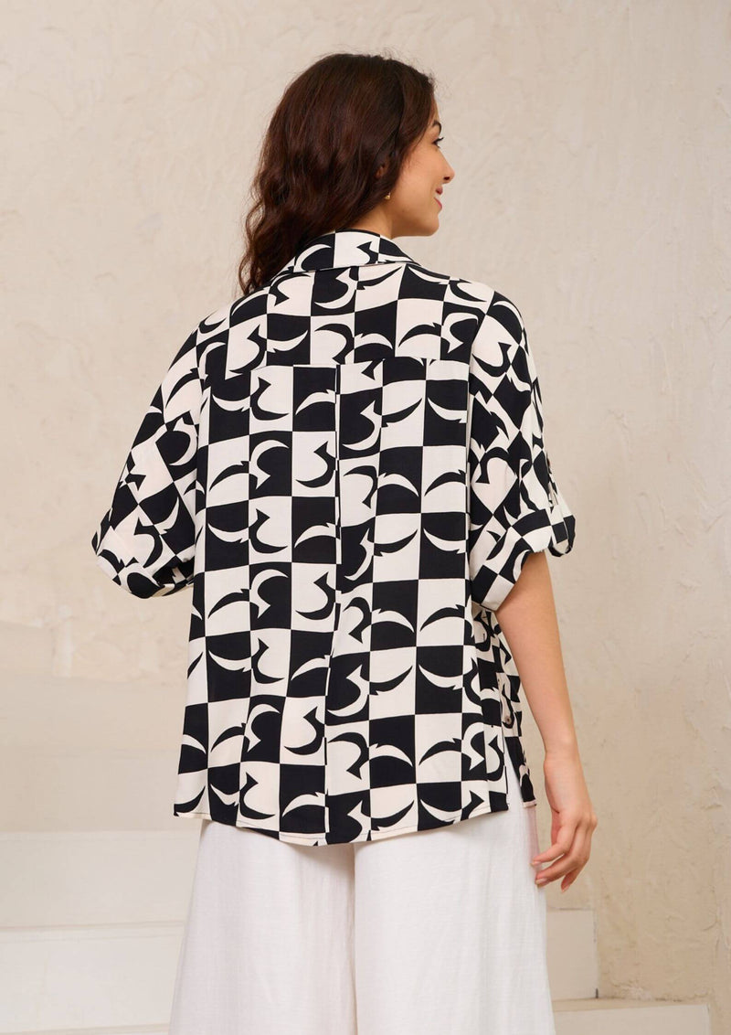 Irena Short Sleeve Blouse Shirt in Black and Cream