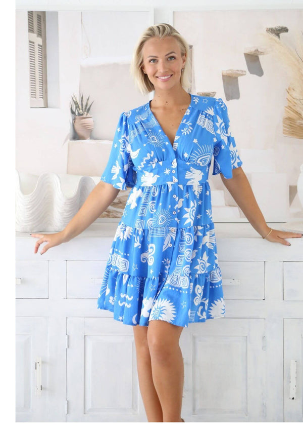 Isla Short Sleeve Button Front Dress in Blue Print