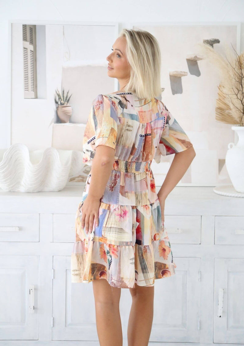 Isla Short Sleeve Button Front Dress in Sunset Print