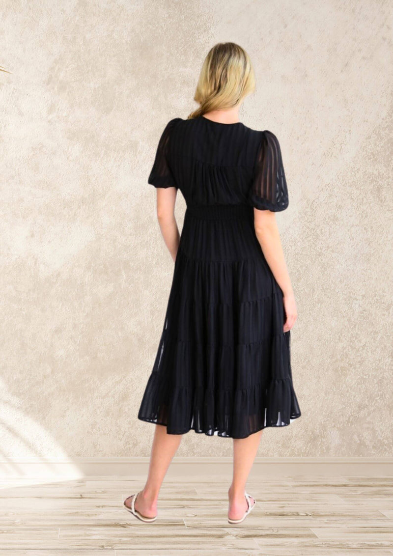 Isla Short Sleeve Midi Dress in Black Chiffon