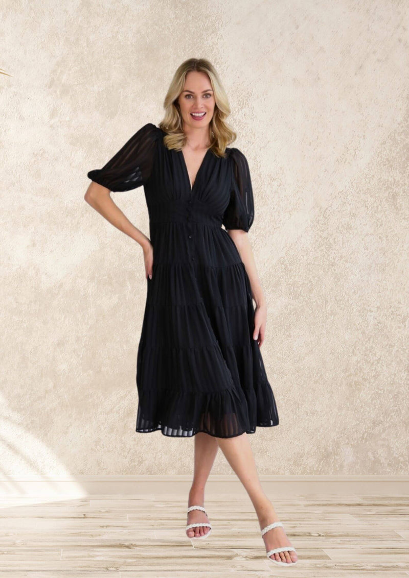 Isla Short Sleeve Midi Dress in Black Chiffon