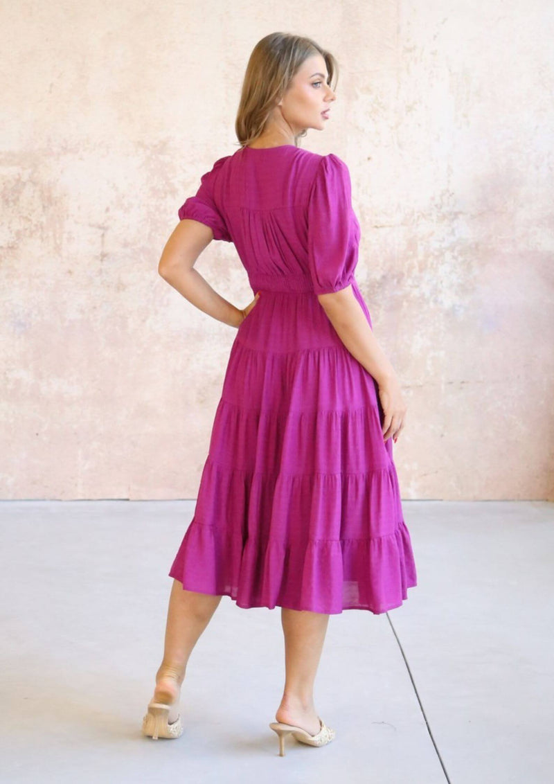 Isla Short Sleeve Midi Dress in Magenta