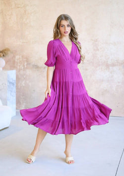 Isla Short Sleeve Midi Dress in Magenta