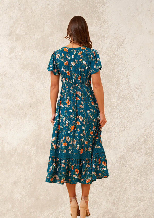 Kellayn Short Sleeve Midi Dress in Teal Floral