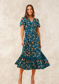 Kellayn Short Sleeve Midi Dress in Teal Floral