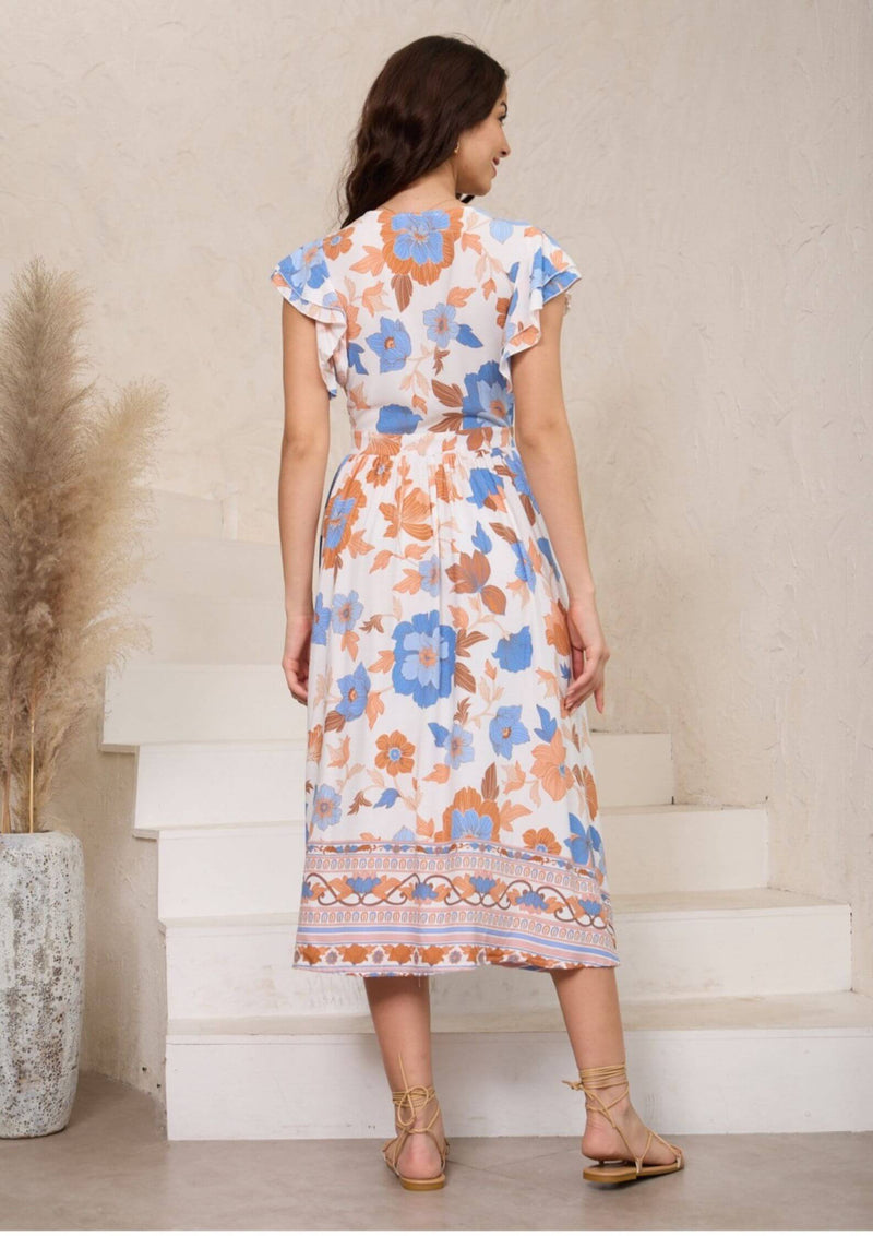 Leia Flutter Sleeve Midi Dress in White Cornflower Print