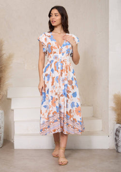 Leia Flutter Sleeve Midi Dress in White Cornflower Print