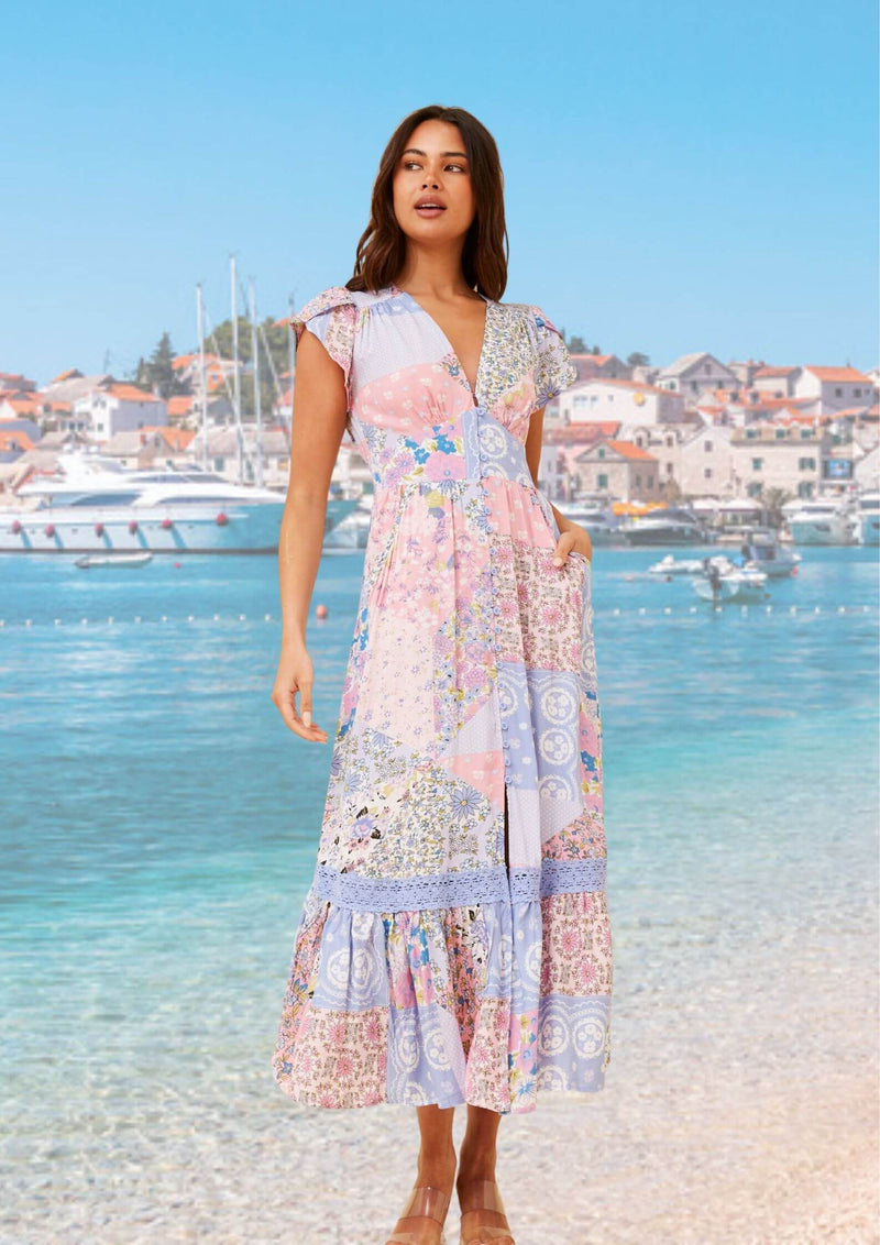 Marianne Short Sleeve Maxi Dress in Pink and Blue