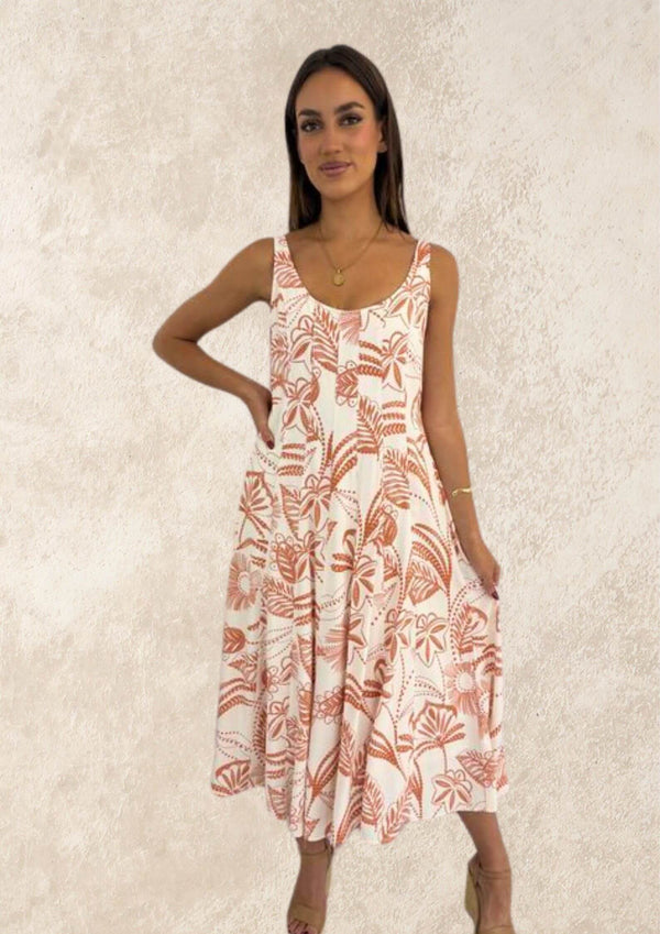 Marissa Sleeveless Midi Dress in White Leaf Print