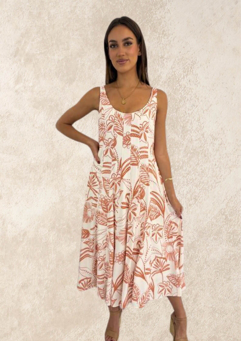 Marissa Sleeveless Midi Dress in White Leaf Print