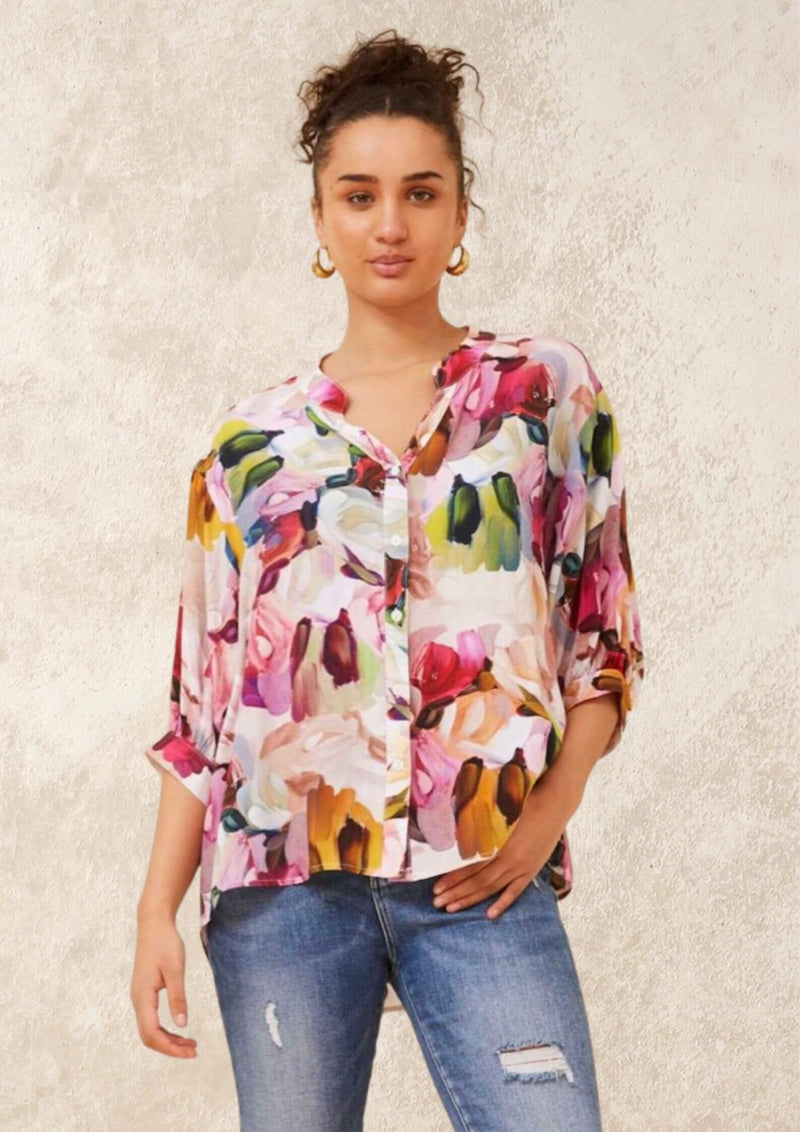 Meredith Half Sleeve Top Blouse in Faux Linen Watercolour Print