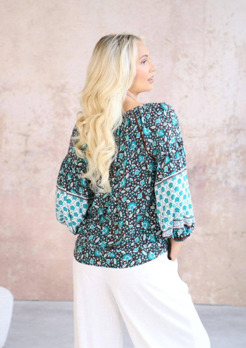 Paige Boho Long Sleeve Top Blouse in Teal