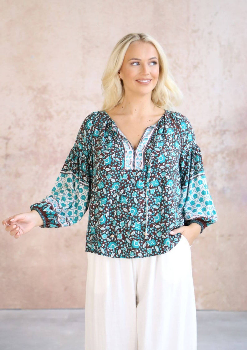 Paige Boho Long Sleeve Top Blouse in Teal