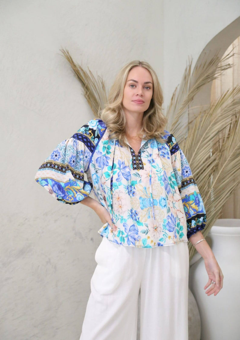 Paige Boho Top Blouse in White and Blues