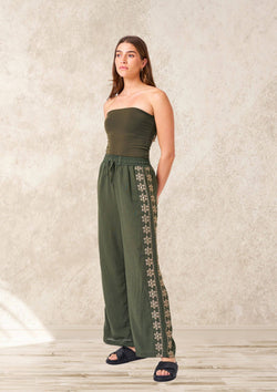 Palma Embroidered Cotton Pants in Olive