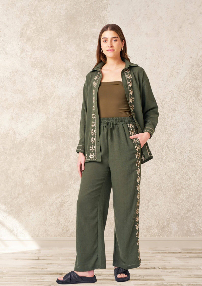 Palma Embroidered Cotton Pants in Olive