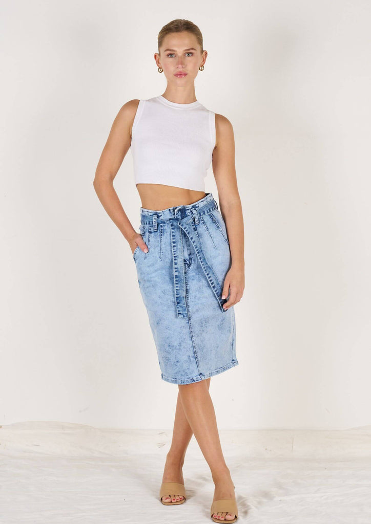 Paper bag Waist Stretch Denim Midi Skirt by Wakee Frangipani