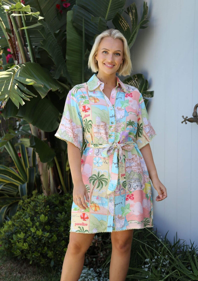 Paradiso Shirt Dress with Belt in Map Print