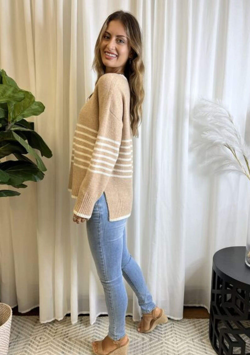 Round Neck Knit Jumper Top in Latte Stripe