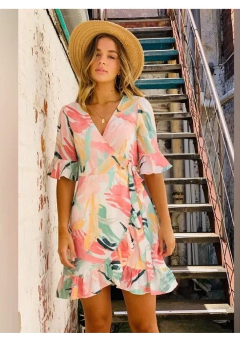 Shay Short Sleeve Wrap Dress in Pastel Watercolour Print