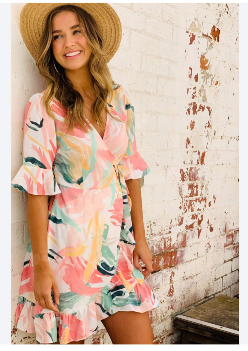 Shay Short Sleeve Wrap Dress in Pastel Watercolour Print