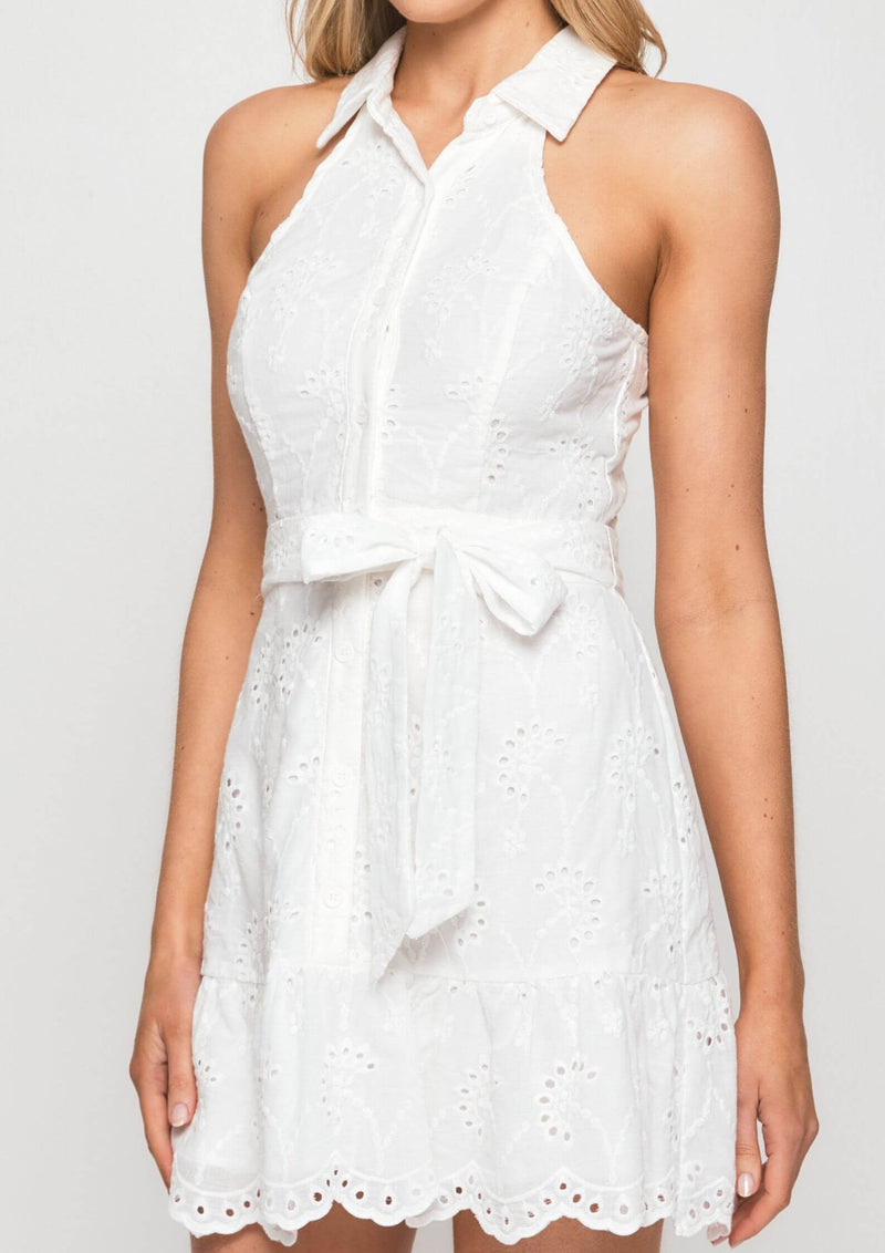 Simone Sleeveless Shirt Dress in White Broderie Cotton