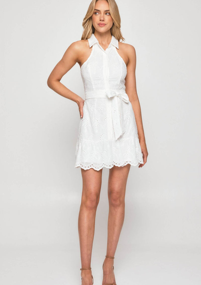 Simone Sleeveless Shirt Dress in White Broderie Cotton