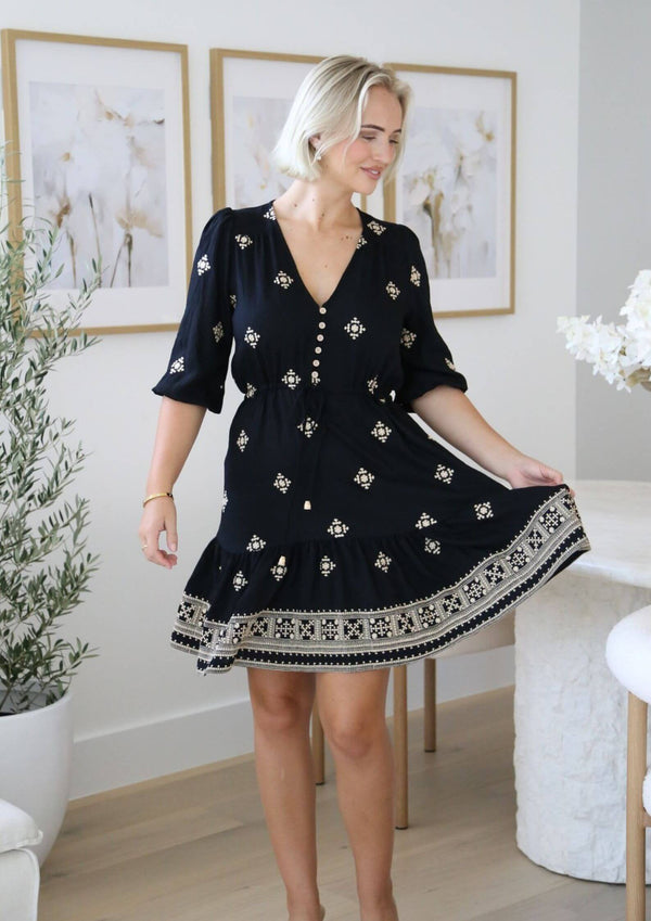 St Tropez Boho 3 Quarter Sleeve Dress in Black Embroidered Print