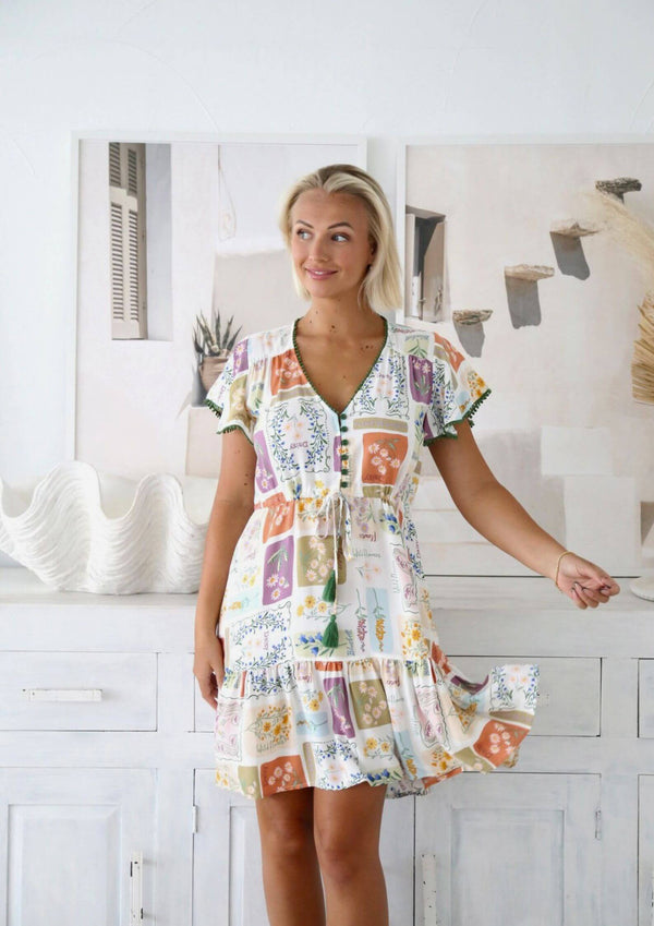 St Tropez Boho Short Sleeve Dress in Botanicals Print