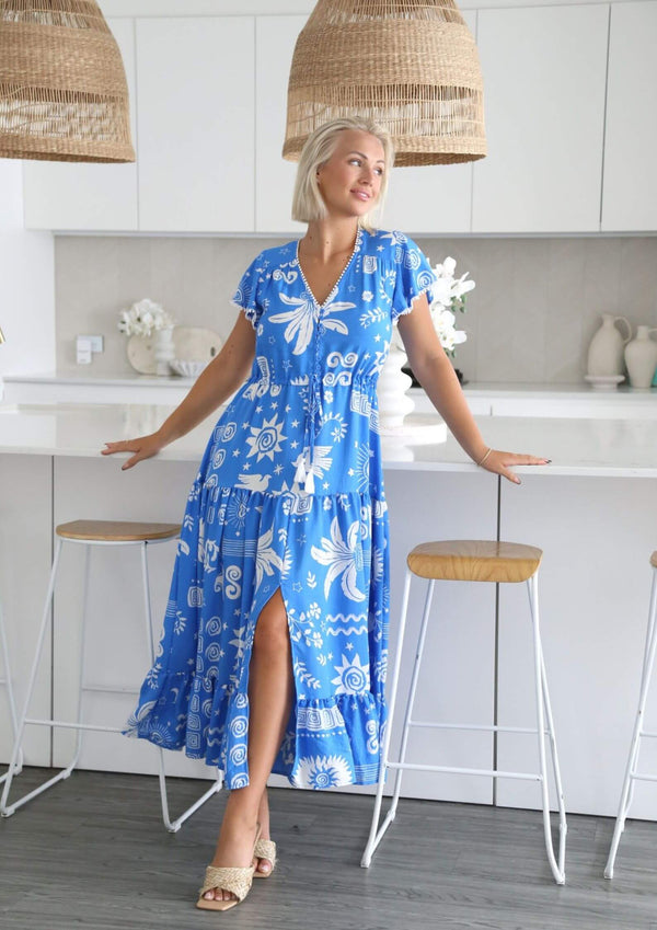 St Tropez Boho Short Sleeve Maxi Dress in Blue Print