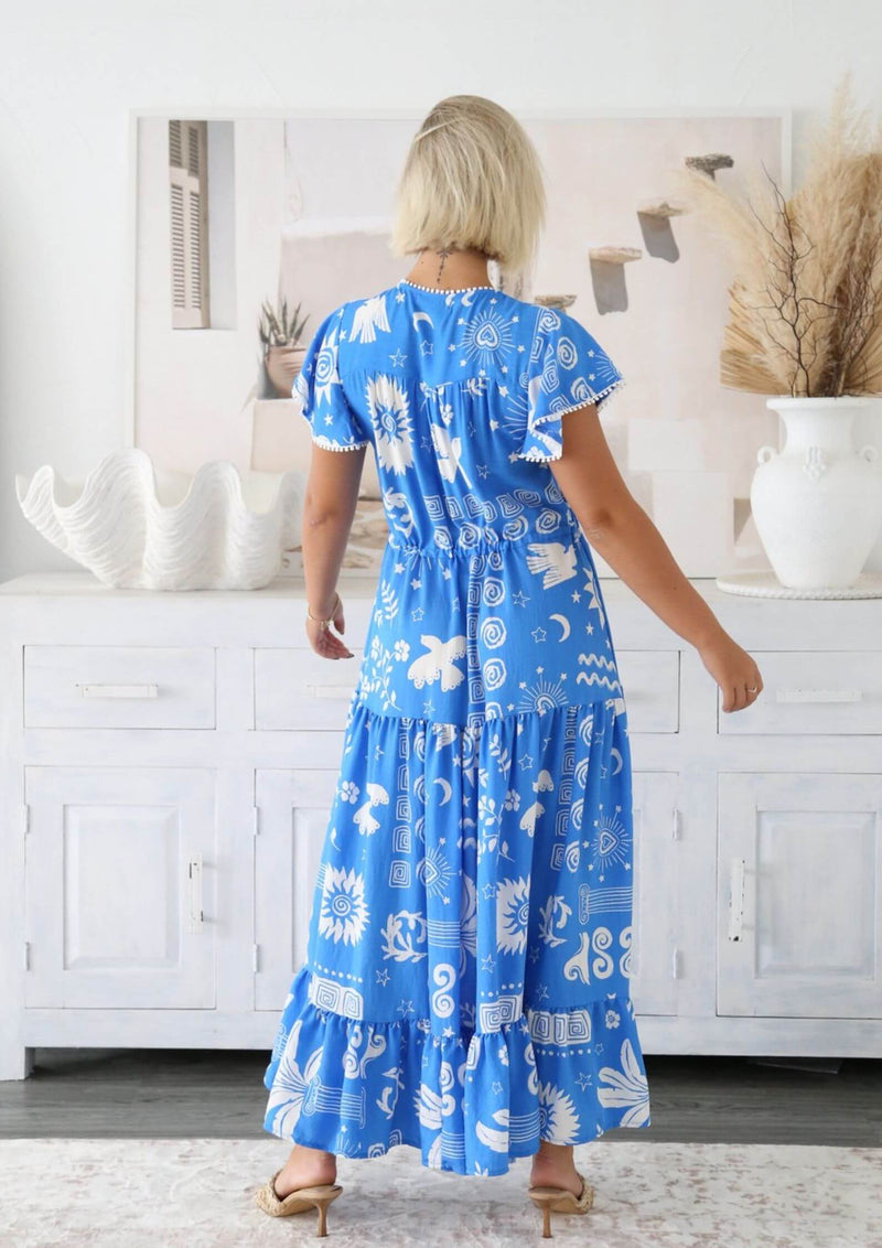 St Tropez Boho Short Sleeve Maxi Dress in Blue Print