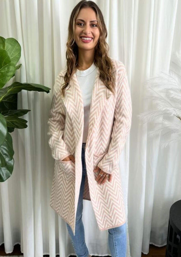 Super Soft Knit Cardigan Jacket in Blush Chevron