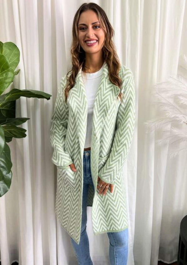 Super Soft Knit Cardigan Jacket in Sage Chevron