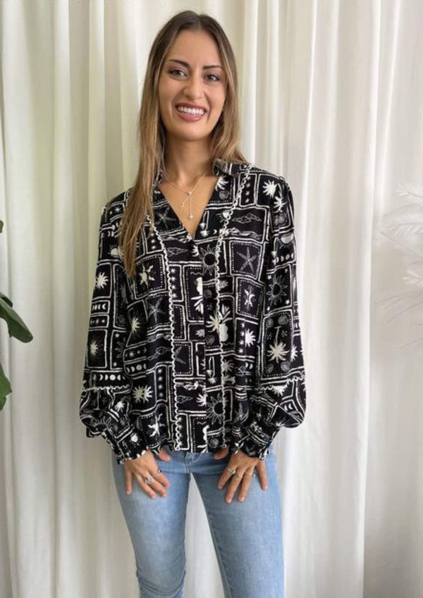 Tara Long Sleeve Top Blouse in Black Print