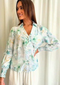 Terra Long Sleeve Top Blouse in Sage Watercolour