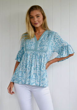 Trixie Half Sleeve Smock Top Blouse in Aqua