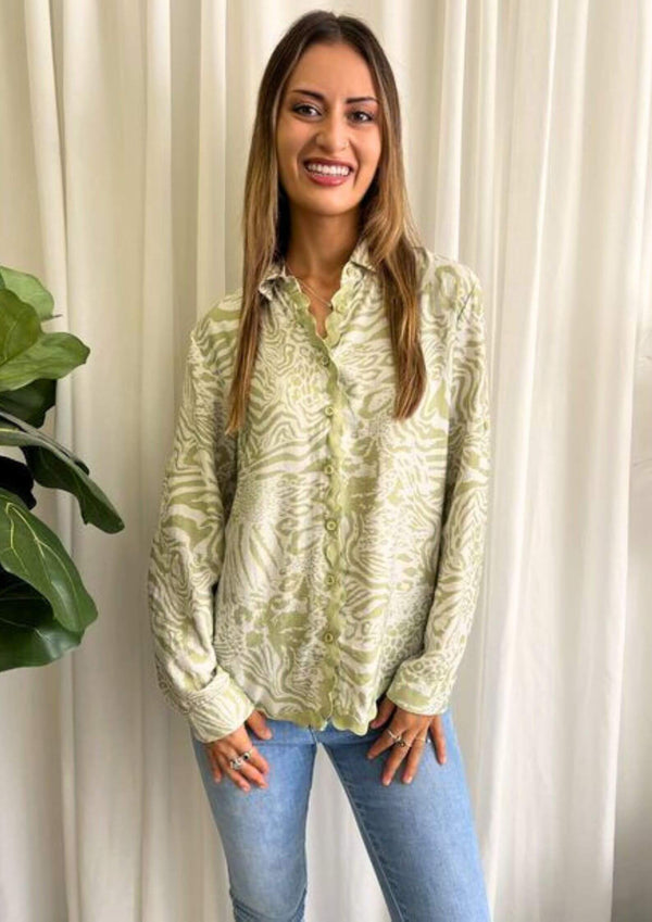 Truly Shirt Blouse Top with Ric Rac Trim in Sage