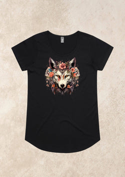 Wolf Queen Boho Ladies Cut Tee Shirt in Black